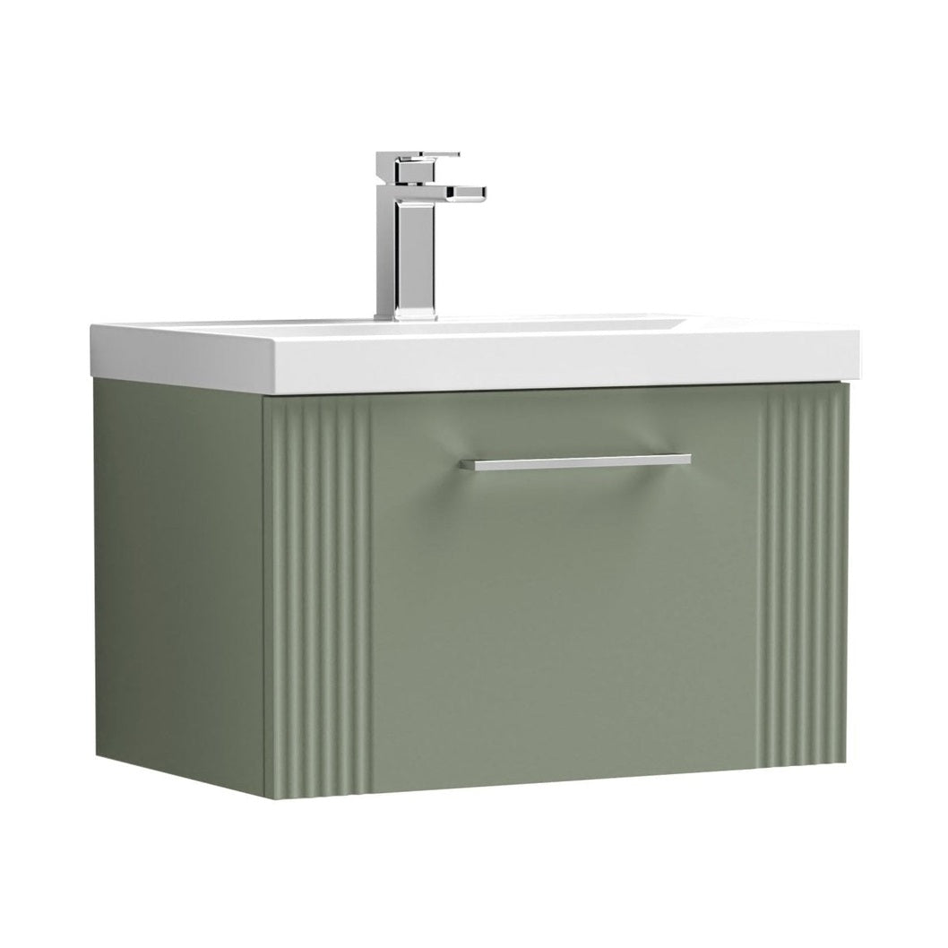 Nuie Deco 600mm Wall Hung Single Drawer Vanity & Basin 1 Contemporary Satin Green MFC Painted Gloss 399x610x390mm - JJ Building Materials