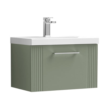 Nuie Deco 600mm Wall Hung Single Drawer Vanity & Basin 1 Contemporary Satin Green MFC Painted Gloss 399x610x390mm - JJ Building Materials