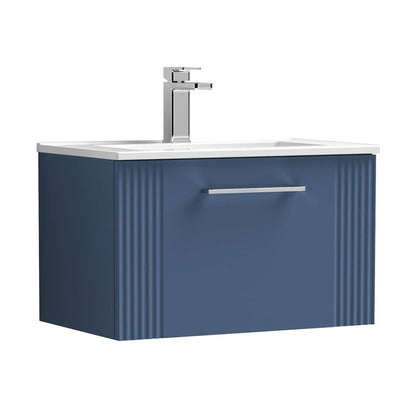 Nuie Deco 600mm Wall Hung Single Drawer Vanity & Basin 2 Contemporary Satin Blue MFC Painted Gloss 377x605x395mm - JJ Building Materials