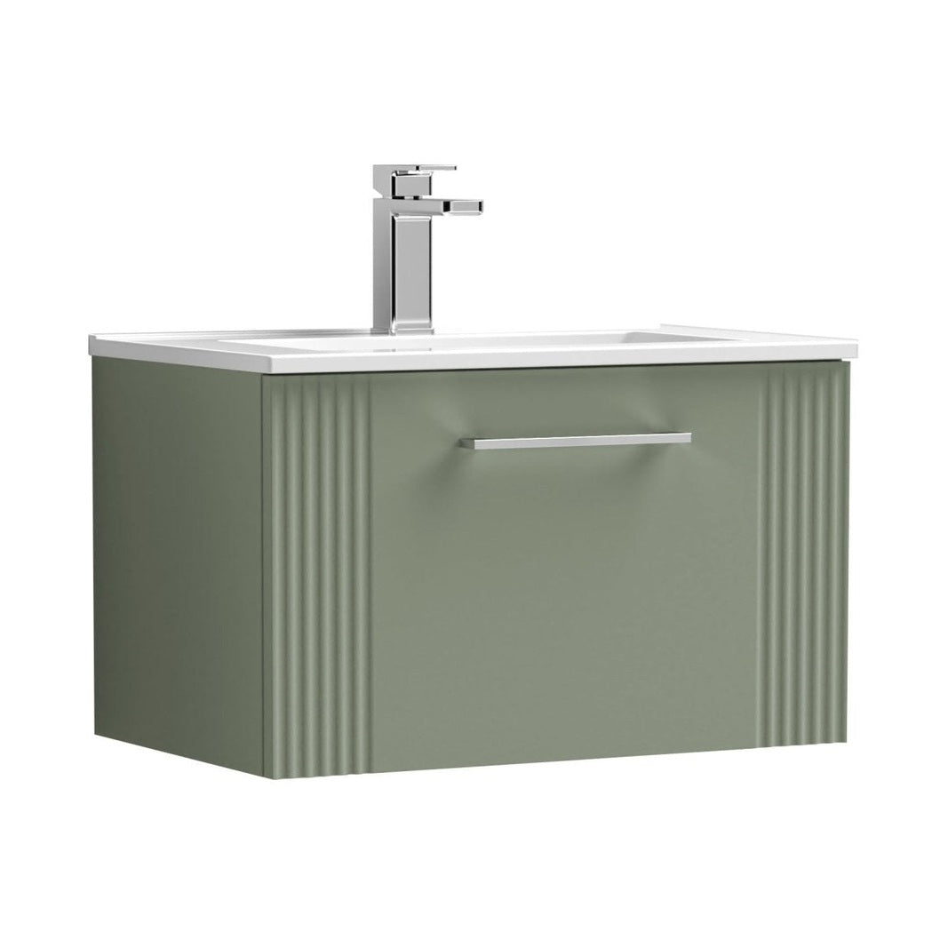 Nuie Deco 600mm Wall Hung Single Drawer Vanity & Basin 2 Contemporary Satin Green MFC Painted Gloss 377x605x395mm - JJ Building Materials