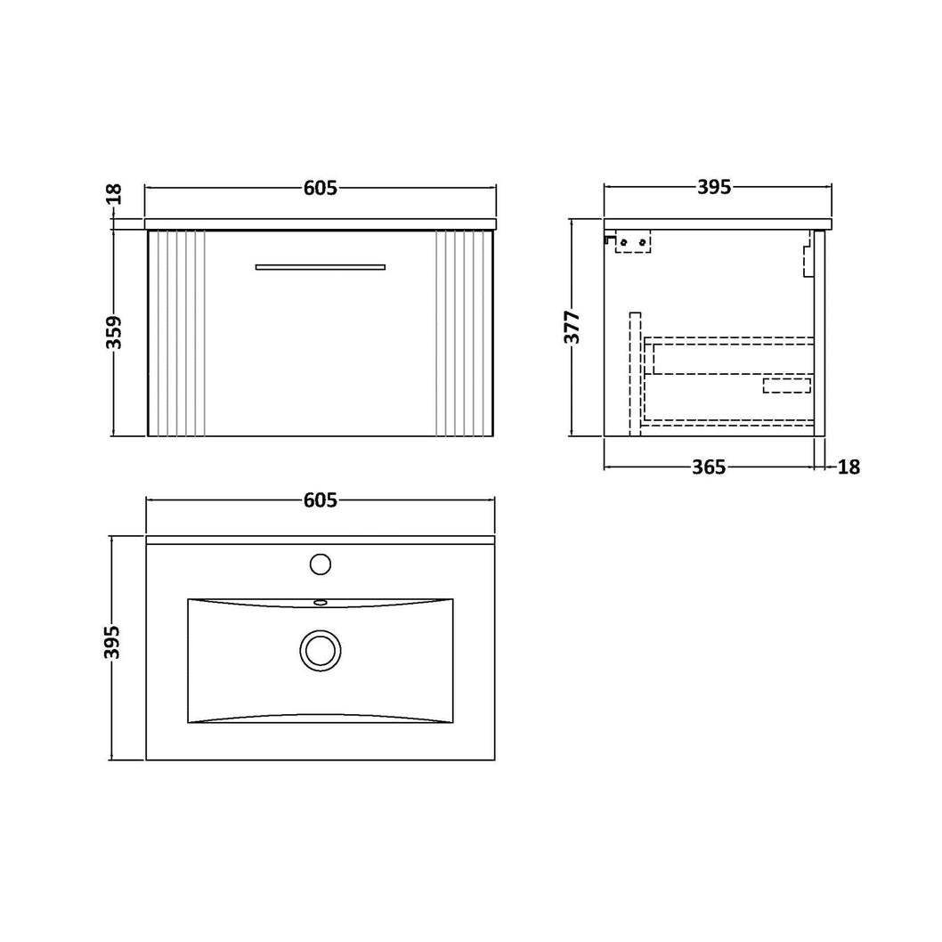 Nuie Deco 600mm Wall Hung Single Drawer Vanity & Basin 2 Contemporary Satin Green MFC Painted Gloss 377x605x395mm - JJ Building Materials