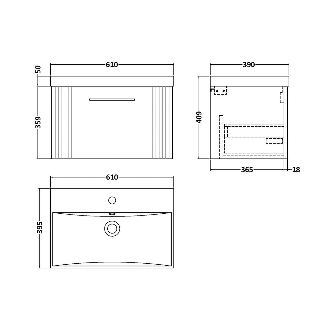 Nuie Deco 600mm Wall Hung Single Drawer Vanity & Basin 3 Contemporary Satin Green MFC Painted Gloss 409x610x395mm - JJ Building Materials