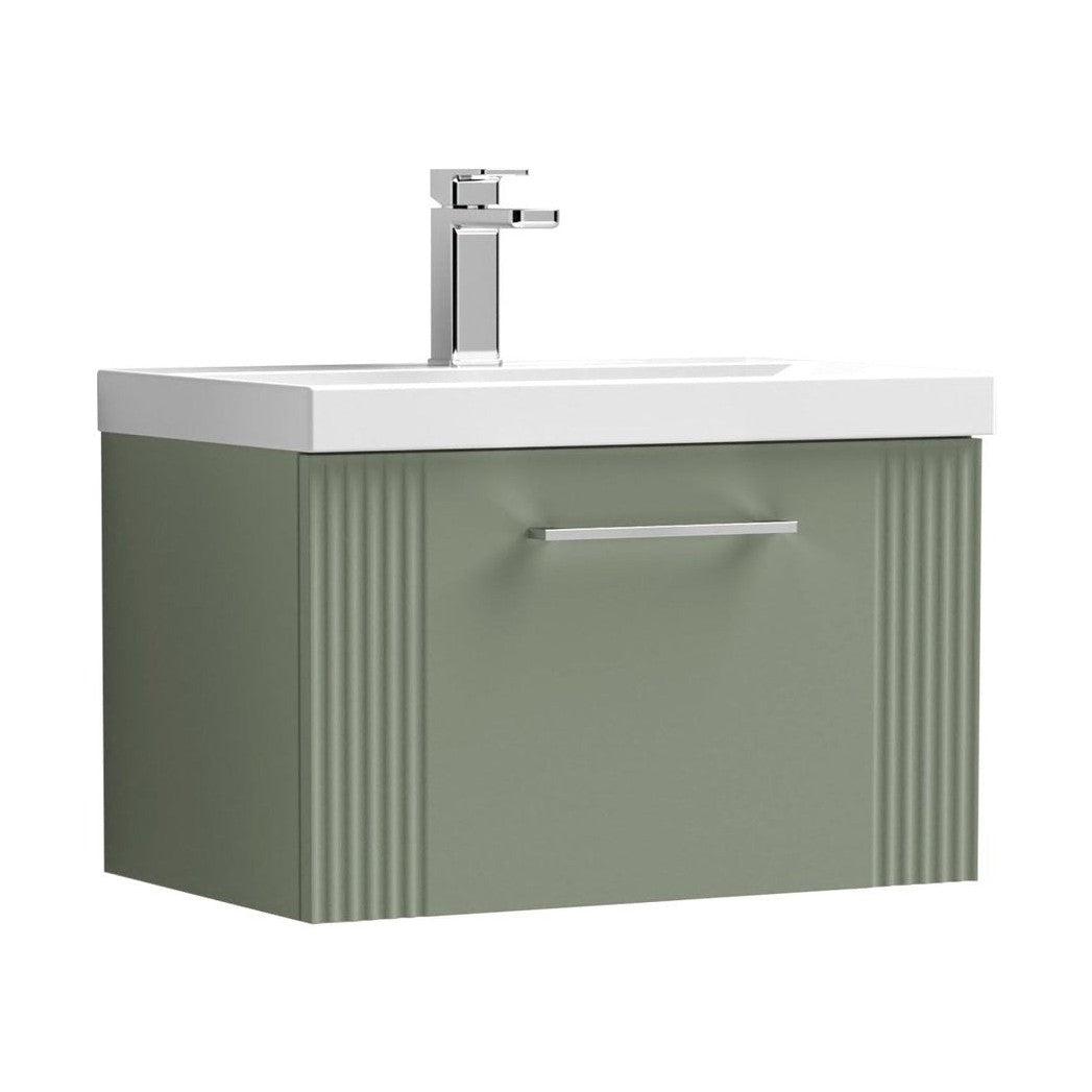 Nuie Deco 600mm Wall Hung Single Drawer Vanity & Basin 3 Contemporary Satin Green MFC Painted Gloss 409x610x395mm - JJ Building Materials