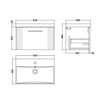 Nuie Deco 600mm Wall Hung Single Drawer Vanity & Basin 3 Contemporary Satin White MFC Painted Gloss 409x610x395mm - JJ Building Materials