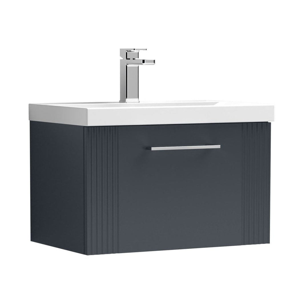 Nuie Deco 600mm Wall Hung Single Drawer Vanity & Basin 3 Contemporary Soft Black MFC Painted Gloss 409x610x395mm - JJ Building Materials
