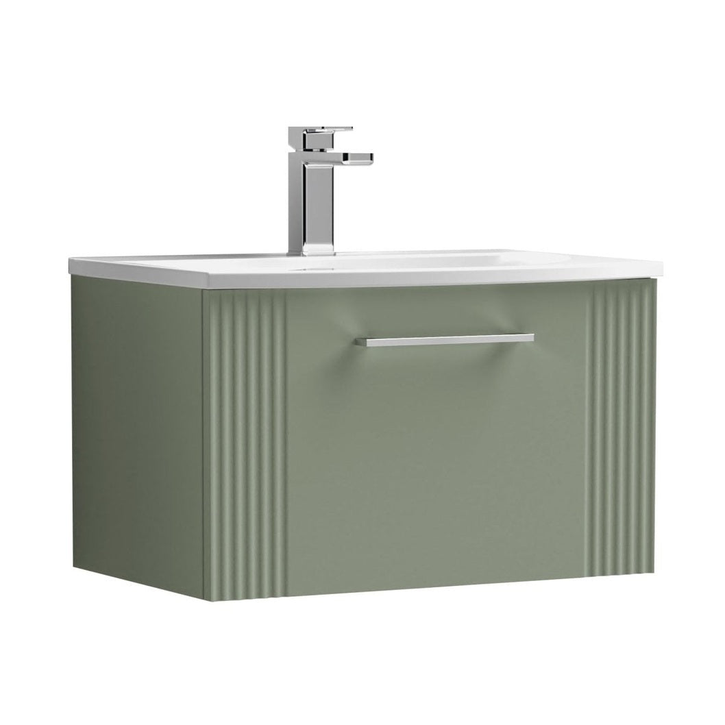 Nuie Deco 600mm Wall Hung Single Drawer Vanity & Basin 4 Contemporary Satin Green MFC Painted Gloss 389x610x440mm - JJ Building Materials