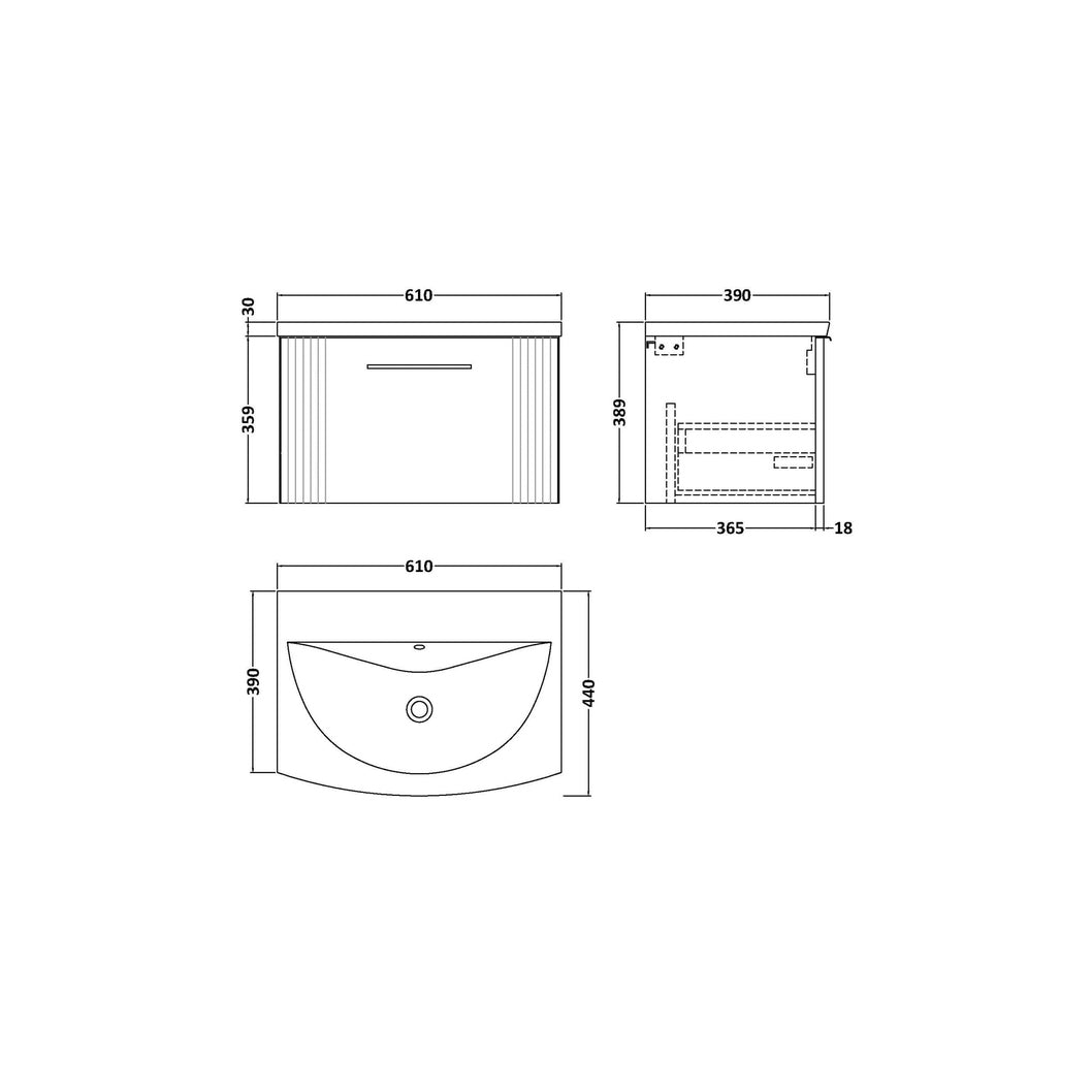 Nuie Deco 600mm Wall Hung Single Drawer Vanity & Basin 4 Contemporary Satin White MFC Painted Gloss 389x610x440mm - JJ Building Materials