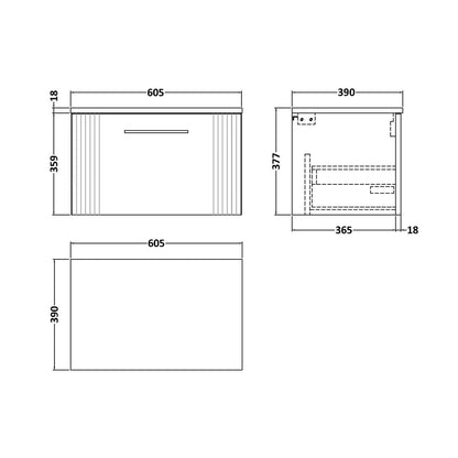 Nuie Deco 600mm Wall Hung Single Drawer Vanity & Worktop Contemporary Satin Green MFC Painted Gloss 377x605x390mm - JJ Building Materials