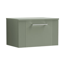 Nuie Deco 600mm Wall Hung Single Drawer Vanity & Worktop Contemporary Satin Green MFC Painted Gloss 377x605x390mm - JJ Building Materials