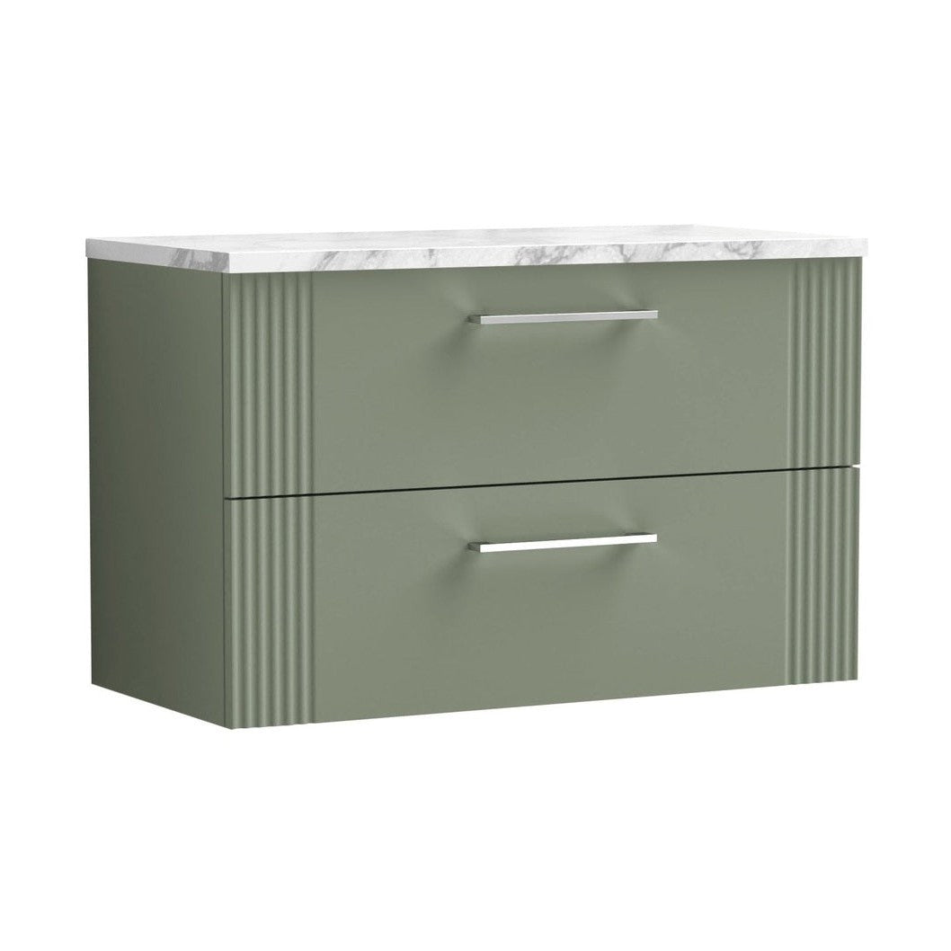 Nuie Deco 800 Wall Hung 2-drawer Vanity & Laminate Worktop Contemporary Satin Green MFC Painted Gloss 522x805x390mm - JJ Building Materials