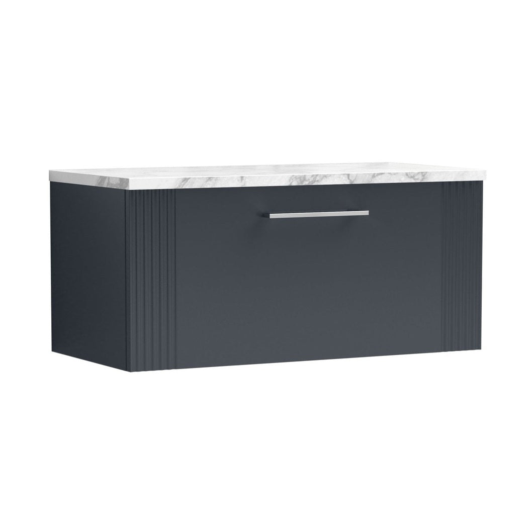 Nuie Deco 800 Wall Hung Single Drawer Vanity & Laminate Worktop Contemporary Soft Black MFC Painted Gloss 381x805x390mm - JJ Building Materials