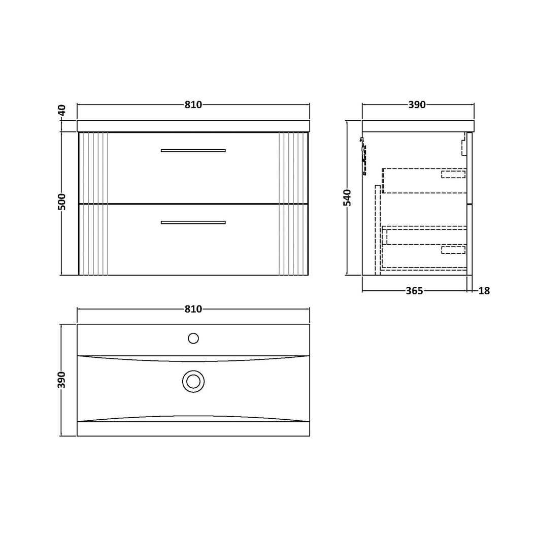 Nuie Deco 800mm Wall Hung 2 Drawer Vanity & Basin 1 Contemporary Satin Grey MFC Painted Gloss 540x810x390mm - JJ Building Materials