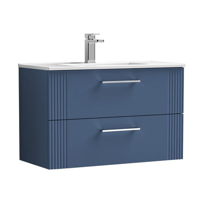 Nuie Deco 800mm Wall Hung 2 Drawer Vanity & Basin 2 Contemporary Satin Blue MFC Painted Gloss 518x805x395mm - JJ Building Materials