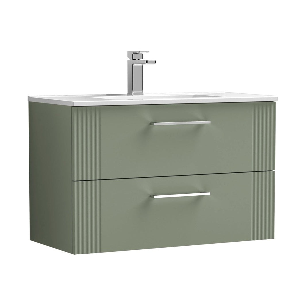 Nuie Deco 800mm Wall Hung 2 Drawer Vanity & Basin 2 Contemporary Satin Green MFC Painted Gloss 518x805x395mm - JJ Building Materials