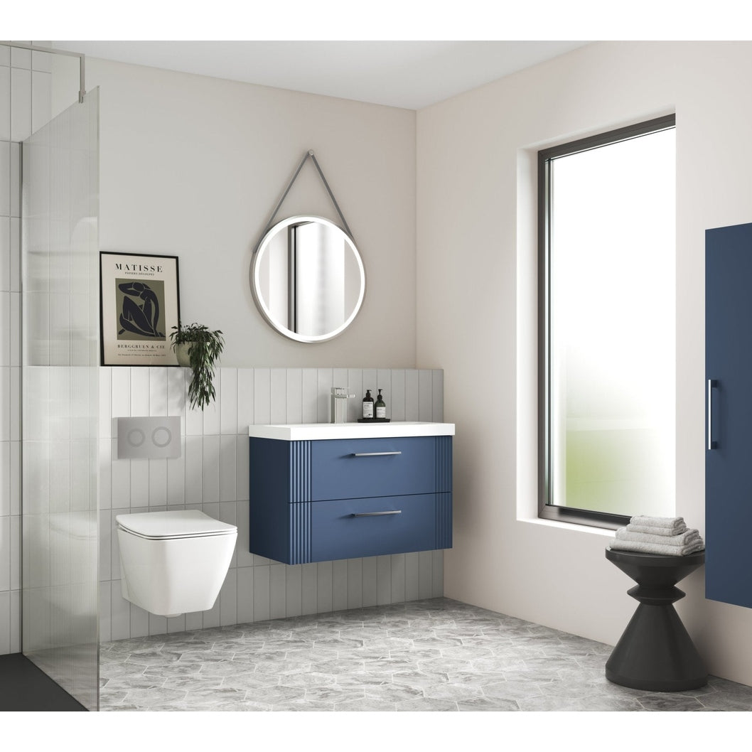 Nuie Deco 800mm Wall Hung 2 Drawer Vanity & Basin 3 Contemporary Satin Blue MFC Painted Gloss 550x810x395mm - JJ Building Materials