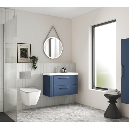Nuie Deco 800mm Wall Hung 2 Drawer Vanity & Basin 3 Contemporary Satin Blue MFC Painted Gloss 550x810x395mm - JJ Building Materials