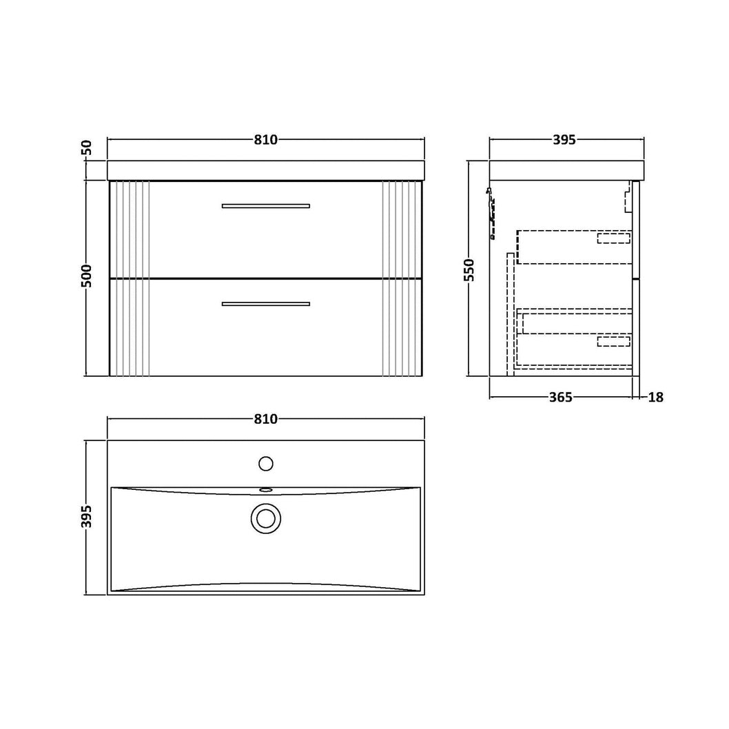 Nuie Deco 800mm Wall Hung 2 Drawer Vanity & Basin 3 Contemporary Satin Blue MFC Painted Gloss 550x810x395mm - JJ Building Materials