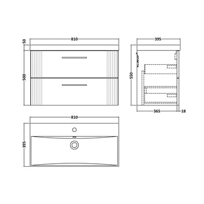 Nuie Deco 800mm Wall Hung 2 Drawer Vanity & Basin 3 Contemporary Satin Blue MFC Painted Gloss 550x810x395mm - JJ Building Materials