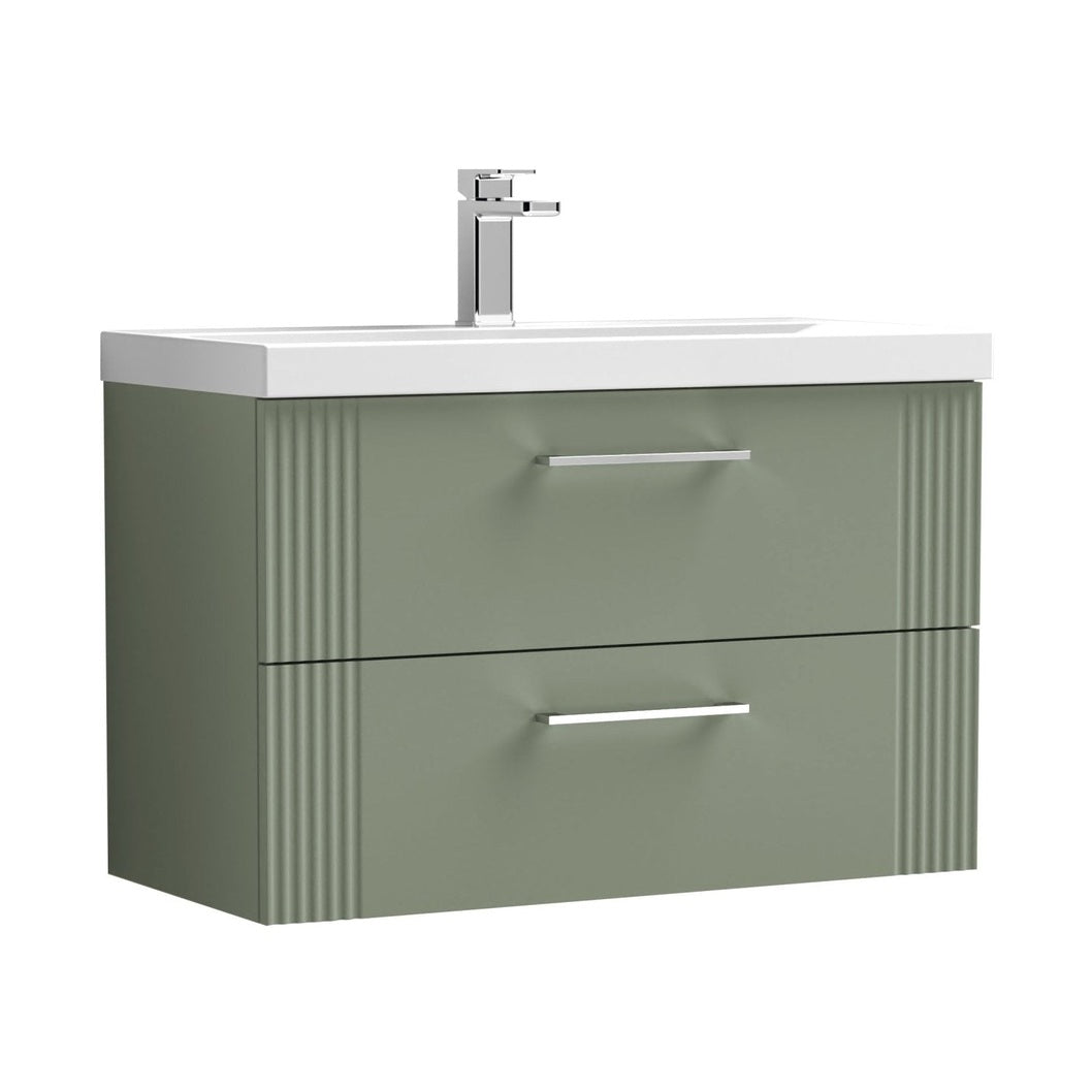 Nuie Deco 800mm Wall Hung 2 Drawer Vanity & Basin 3 Contemporary Satin Green MFC Painted Gloss 550x810x395mm - JJ Building Materials