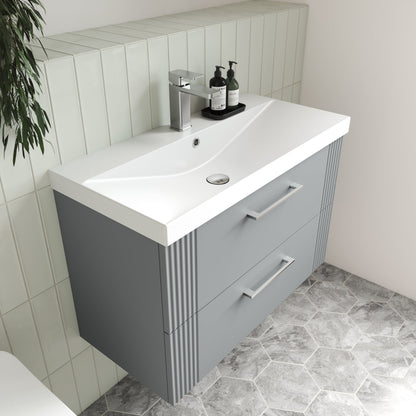 Nuie Deco 800mm Wall Hung 2 Drawer Vanity & Basin 3 Contemporary Satin Grey MFC Painted Gloss 550x810x395mm - JJ Building Materials