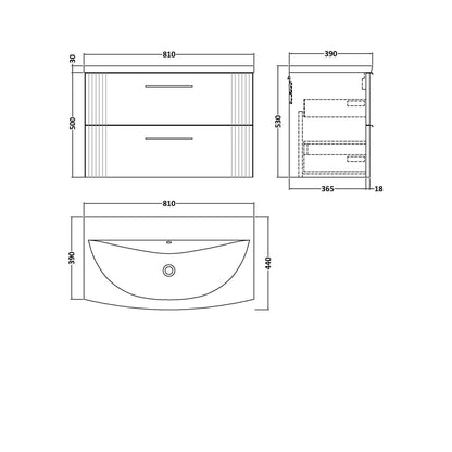 Nuie Deco 800mm Wall Hung 2 Drawer Vanity & Basin 4 Contemporary Satin Grey MFC Painted Gloss 530x810x440mm - JJ Building Materials
