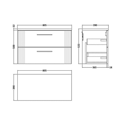 Nuie Deco 800mm Wall Hung 2 Drawer Vanity & Laminate Top Contemporary Satin White MFC Painted Gloss 522x805x390mm - DPF195LBG - JJ Building Materials