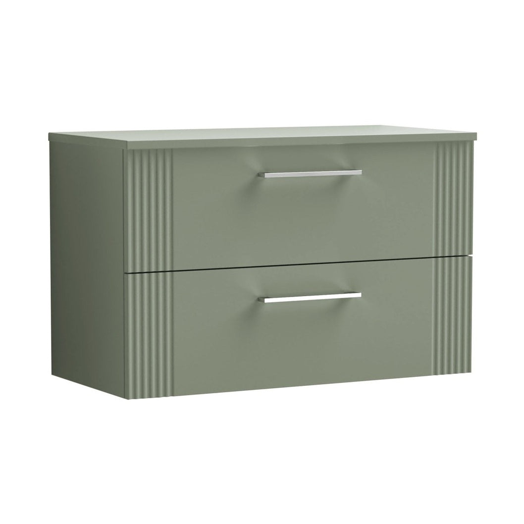Nuie Deco 800mm Wall Hung 2 Drawer Vanity & Worktop Contemporary Satin Green MFC Painted Gloss 518x810x390mm - JJ Building Materials