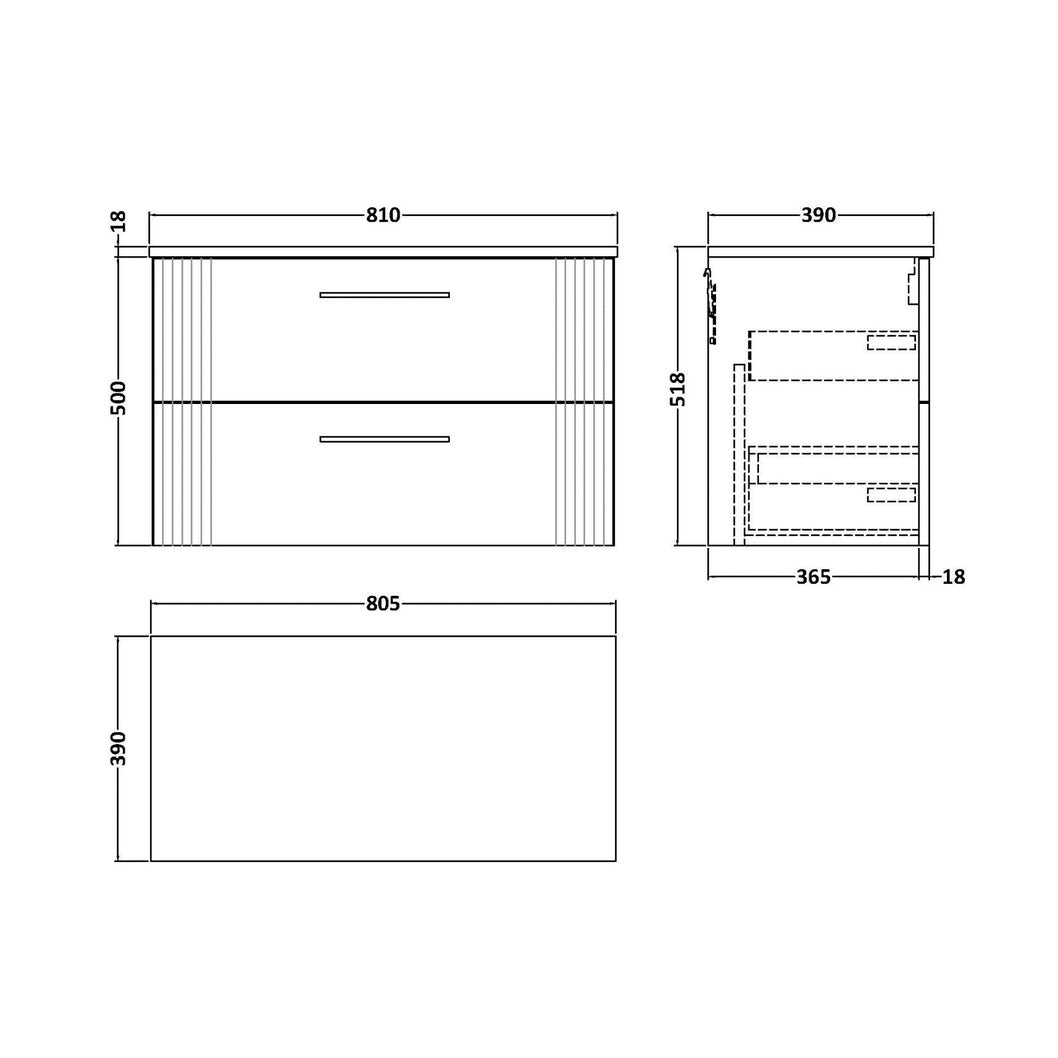 Nuie Deco 800mm Wall Hung 2 Drawer Vanity & Worktop Contemporary Satin Green MFC Painted Gloss 518x810x390mm - JJ Building Materials