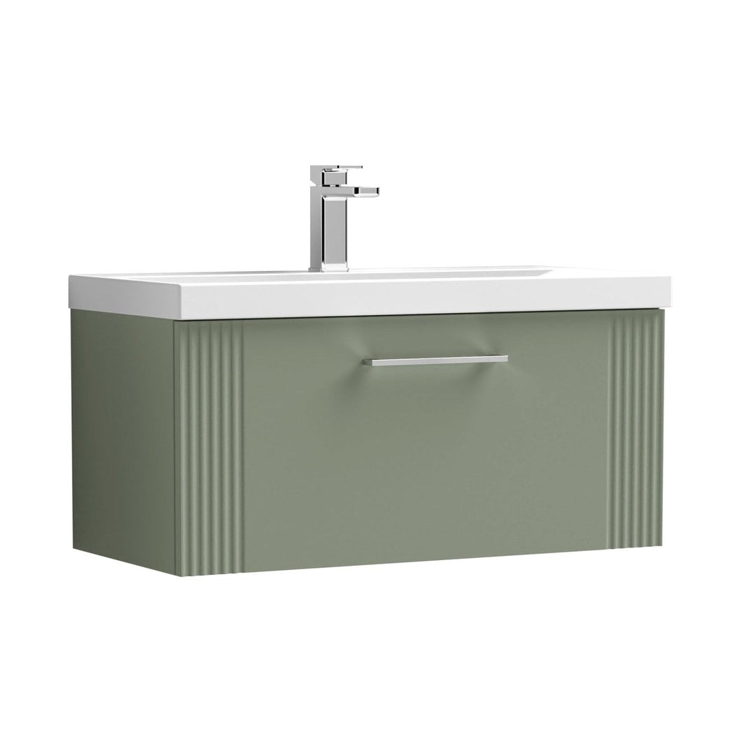Nuie Deco 800mm Wall Hung Single Drawer Vanity & Basin 1 Contemporary Satin Green MFC Painted Gloss 399x810x390mm - JJ Building Materials
