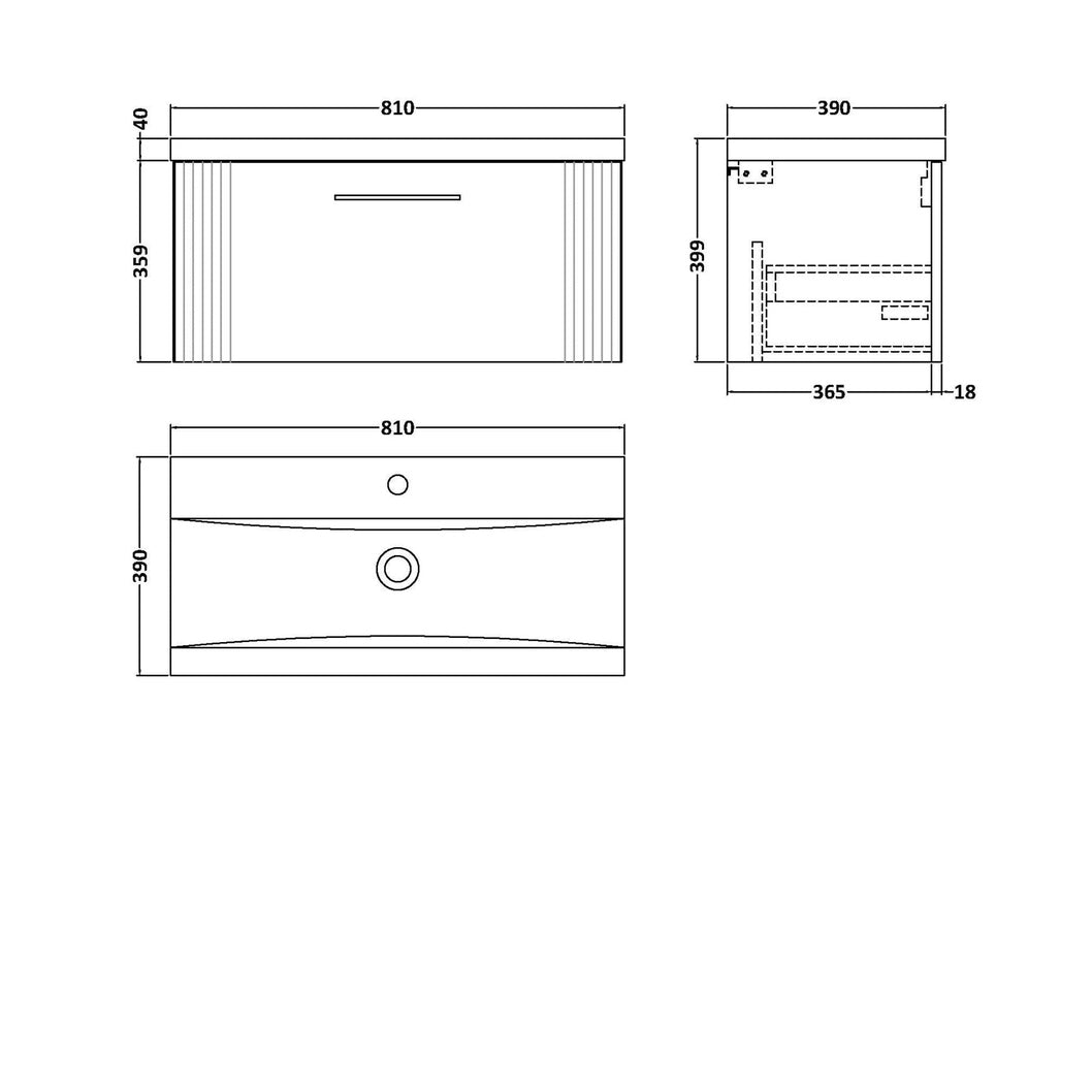 Nuie Deco 800mm Wall Hung Single Drawer Vanity & Basin 1 Contemporary Satin Grey MFC Painted Gloss 399x810x390mm - JJ Building Materials