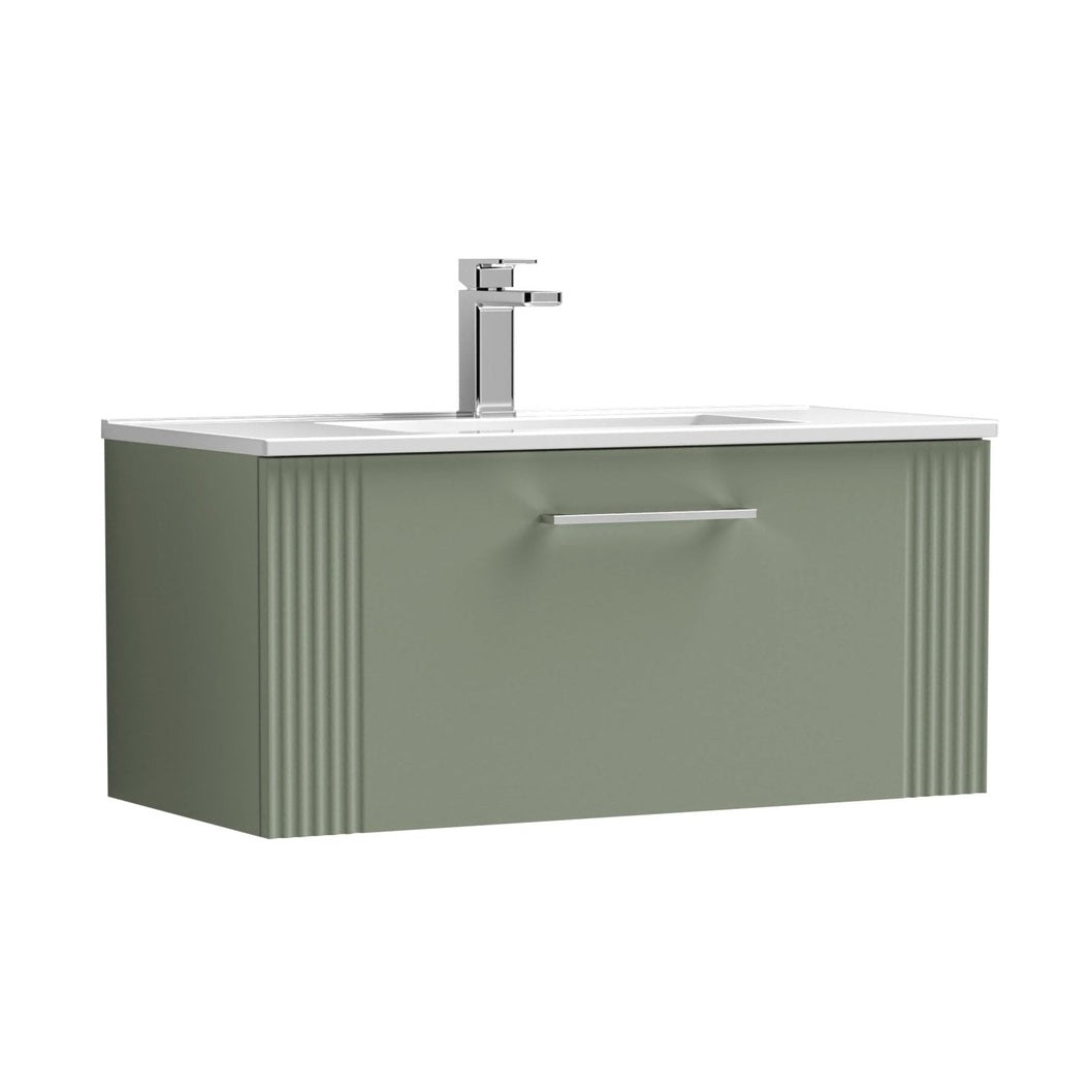 Nuie Deco 800mm Wall Hung Single Drawer Vanity & Basin 2 Contemporary Satin Green MFC Painted Gloss 377x805x395mm - JJ Building Materials