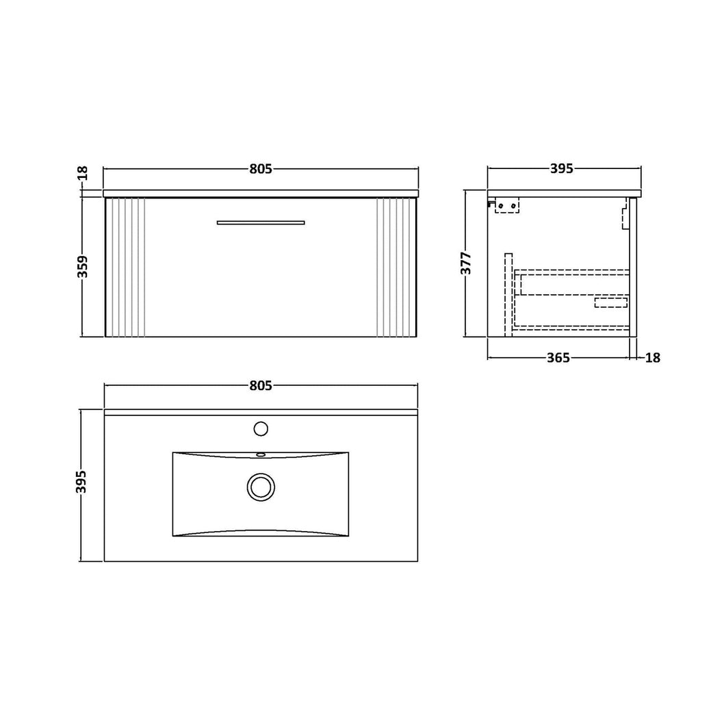Nuie Deco 800mm Wall Hung Single Drawer Vanity & Basin 2 Contemporary Satin Green MFC Painted Gloss 377x805x395mm - JJ Building Materials