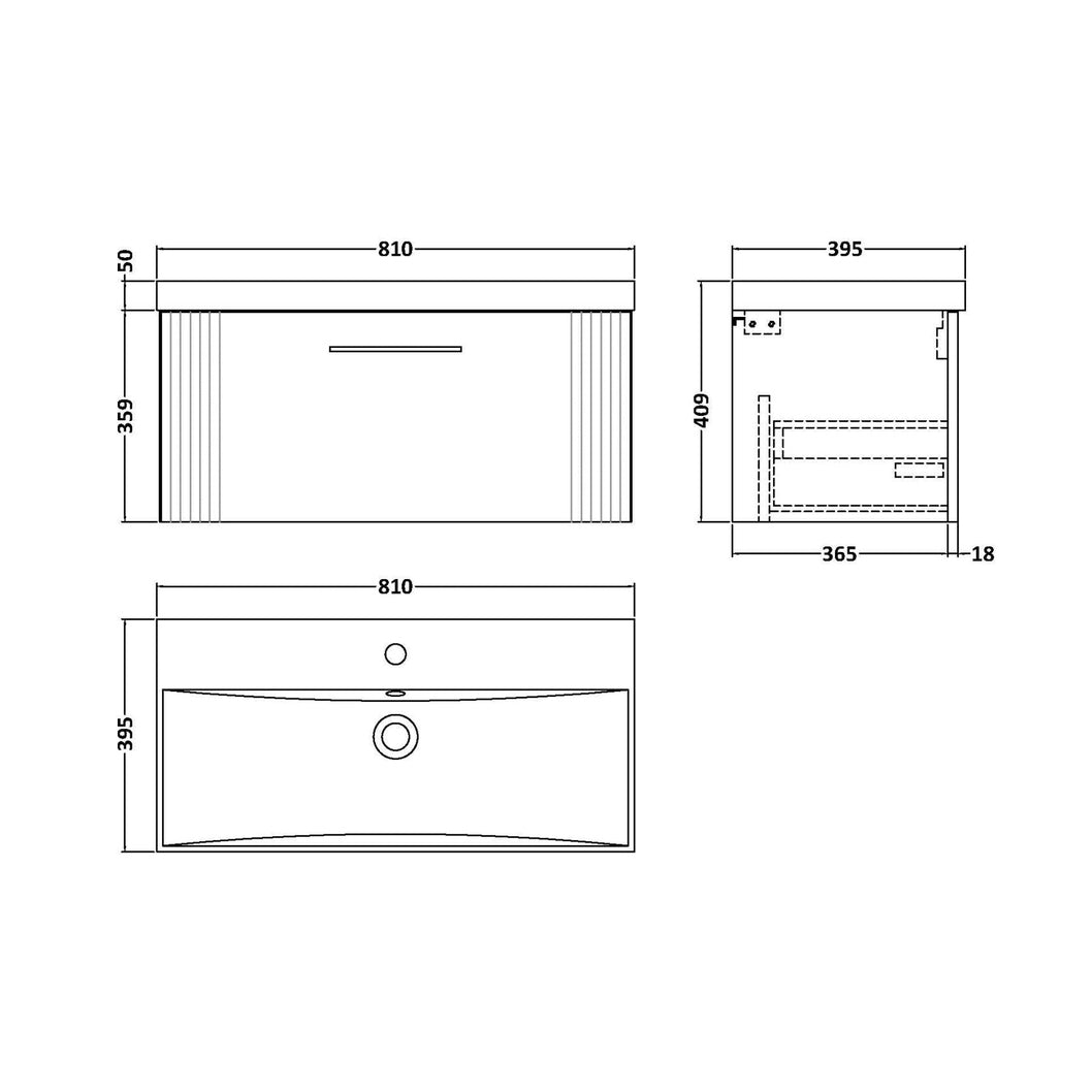 Nuie Deco 800mm Wall Hung Single Drawer Vanity & Basin 3 Contemporary Satin Grey MFC Painted Gloss 409x810x395mm - JJ Building Materials