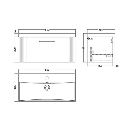 Nuie Deco 800mm Wall Hung Single Drawer Vanity & Basin 3 Contemporary Soft Black MFC Painted Gloss 409x810x395mm - JJ Building Materials