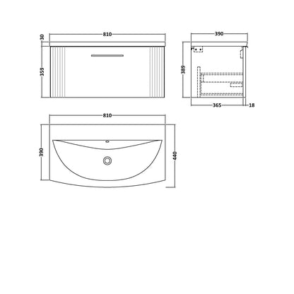 Nuie Deco 800mm Wall Hung Single Drawer Vanity & Basin 4 Contemporary Satin White MFC Painted Gloss 389x810x440mm - JJ Building Materials