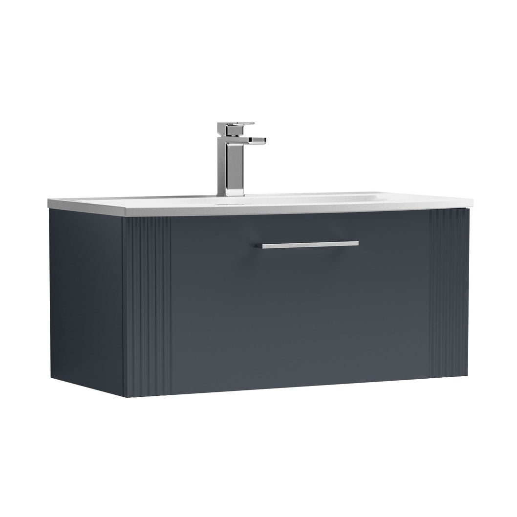 Nuie Deco 800mm Wall Hung Single Drawer Vanity & Basin 4 Contemporary Soft Black MFC Painted Gloss 389x810x440mm - JJ Building Materials
