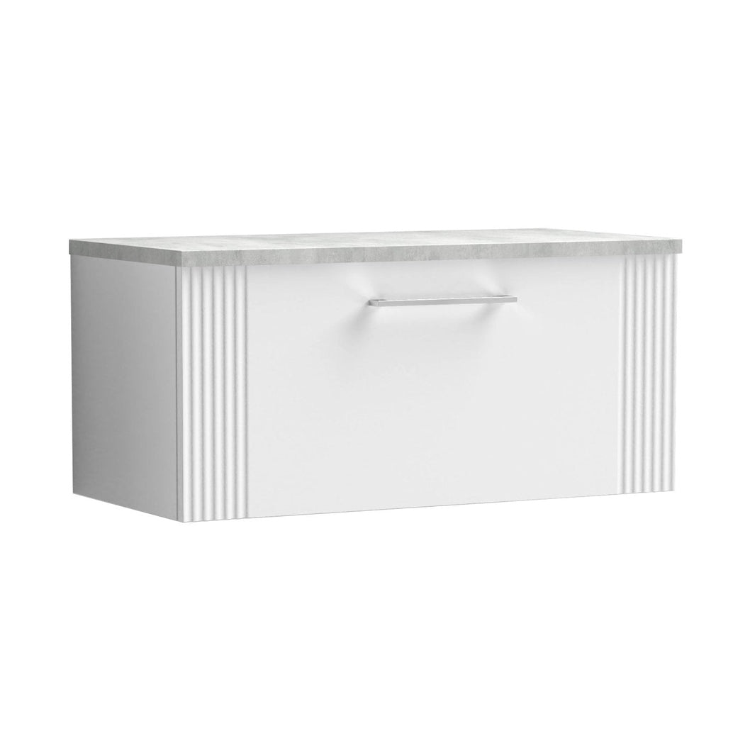 Nuie Deco 800mm Wall Hung Single Drawer Vanity & Laminate Top Contemporary Satin White MFC Painted Gloss 381x805x390mm - DPF196LBG - JJ Building Materials