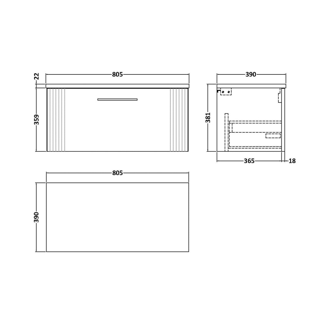 Nuie Deco 800mm Wall Hung Single Drawer Vanity & Laminate Top Contemporary Soft Black MFC Painted Gloss 381x805x390mm - DPF1496LBG - JJ Building Materials