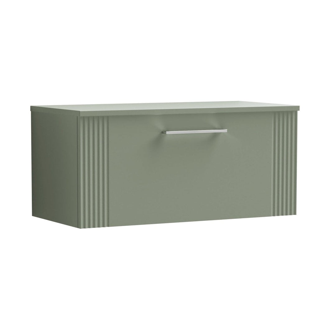 Nuie Deco 800mm Wall Hung Single Drawer Vanity & Worktop Contemporary Satin Green MFC Painted Gloss 377x810x390mm - JJ Building Materials