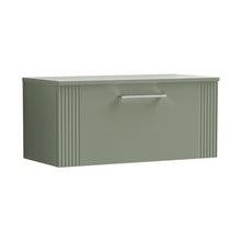 Nuie Deco 800mm Wall Hung Single Drawer Vanity & Worktop Contemporary Satin Green MFC Painted Gloss 377x810x390mm - JJ Building Materials