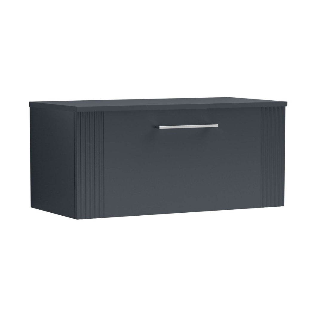 Nuie Deco 800mm Wall Hung Single Drawer Vanity & Worktop Contemporary Soft Black MFC Painted Gloss 377x810x390mm - JJ Building Materials