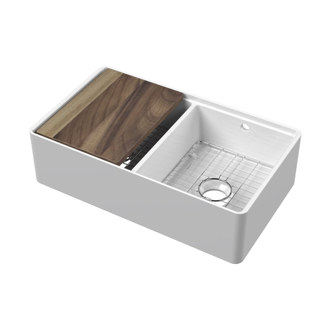 Nuie Double Bowl Butler Sink With Ledge, Grid & Chopping Board 795 X 460 X 220mm Traditional White Fireclay 220x795x460mm - JJ Building Materials