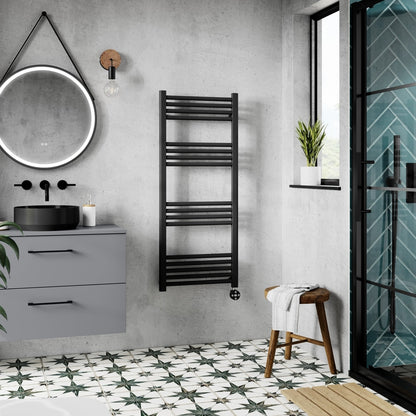 Nuie Electric Bar Towel Rails Round Straight Towel Radiator 1200x500 Contemporary Matt Black Steel 1200x500x30mm - JJ Building Materials