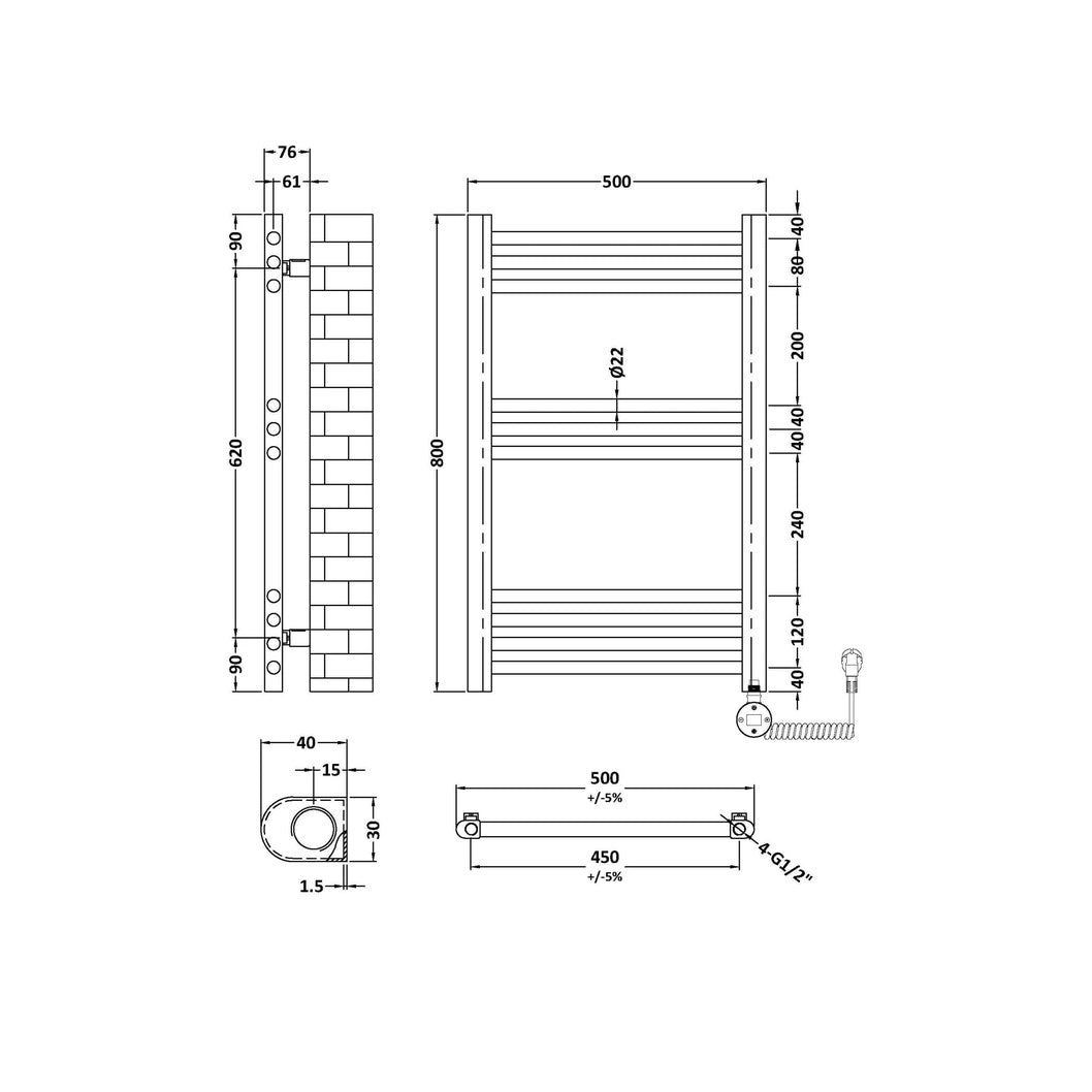 Nuie Electric Bar Towel Rails Round Straight Towel Radiator 800x500 Contemporary Anthracite Steel 800x500x30mm - JJ Building Materials