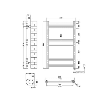 Nuie Electric Bar Towel Rails Round Straight Towel Radiator 800x500 Contemporary Anthracite Steel 800x500x30mm - JJ Building Materials
