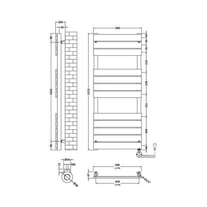 Nuie Electric Flat Panel Towel Rails Square Flat Towel Radiator 1213x500 Contemporary Chrome Steel 1213x500x30mm - JJ Building Materials