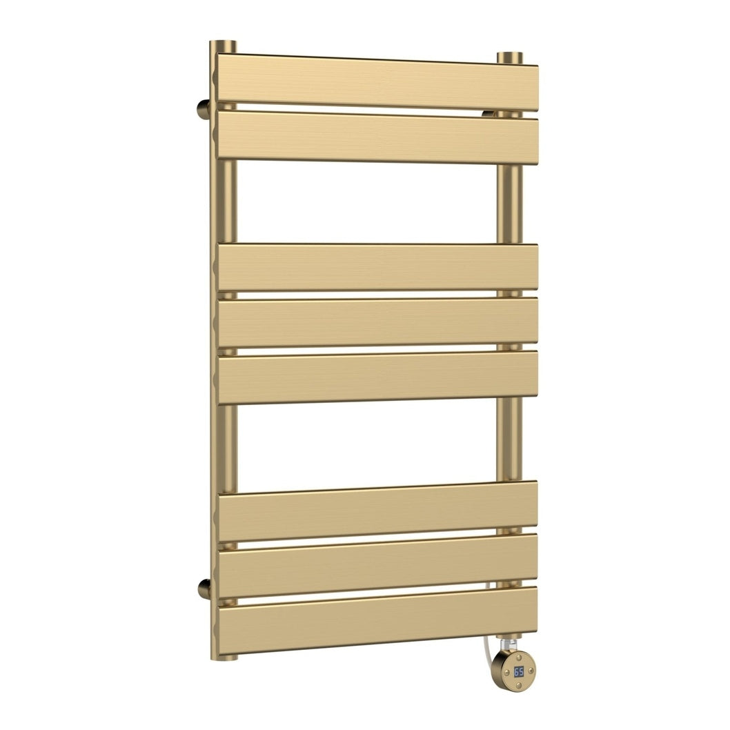 Nuie Electric Flat Panel Towel Rails Square Flat Towel Radiator 840x500 Contemporary Brushed Brass Steel 840x500x30mm - JJ Building Materials