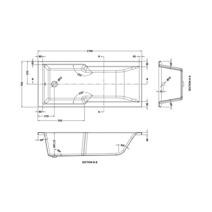 Nuie Eternalite Square Straight Shower Bath 1700 X 750mm Contemporary White Acrylic Eternalite - JJ Building Materials