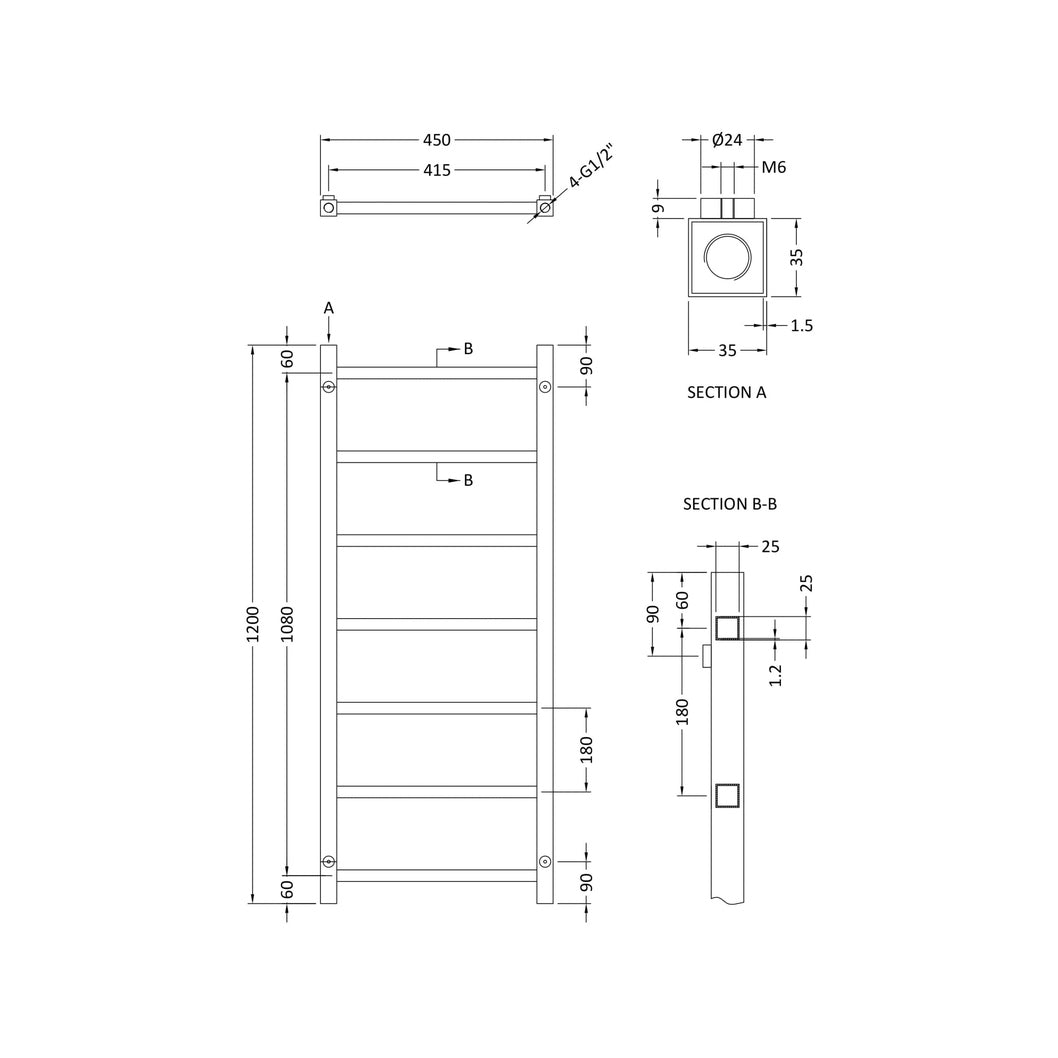 Nuie Eton Heated Towel Rail Contemporary Chrome Steel 1200x450x40mm - JJ Building Materials