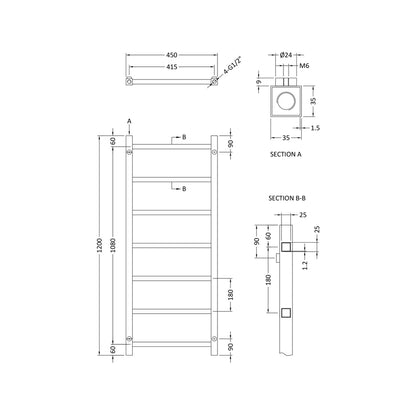 Nuie Eton Heated Towel Rail Contemporary Chrome Steel 1200x450x40mm - JJ Building Materials